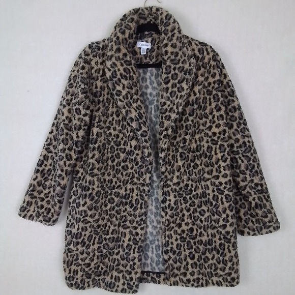 Calvin Klein Sweaters - Calvin‎ Klein Open Front Plush Sherpa Fleece Jacket Size Small w/ Leopard Print